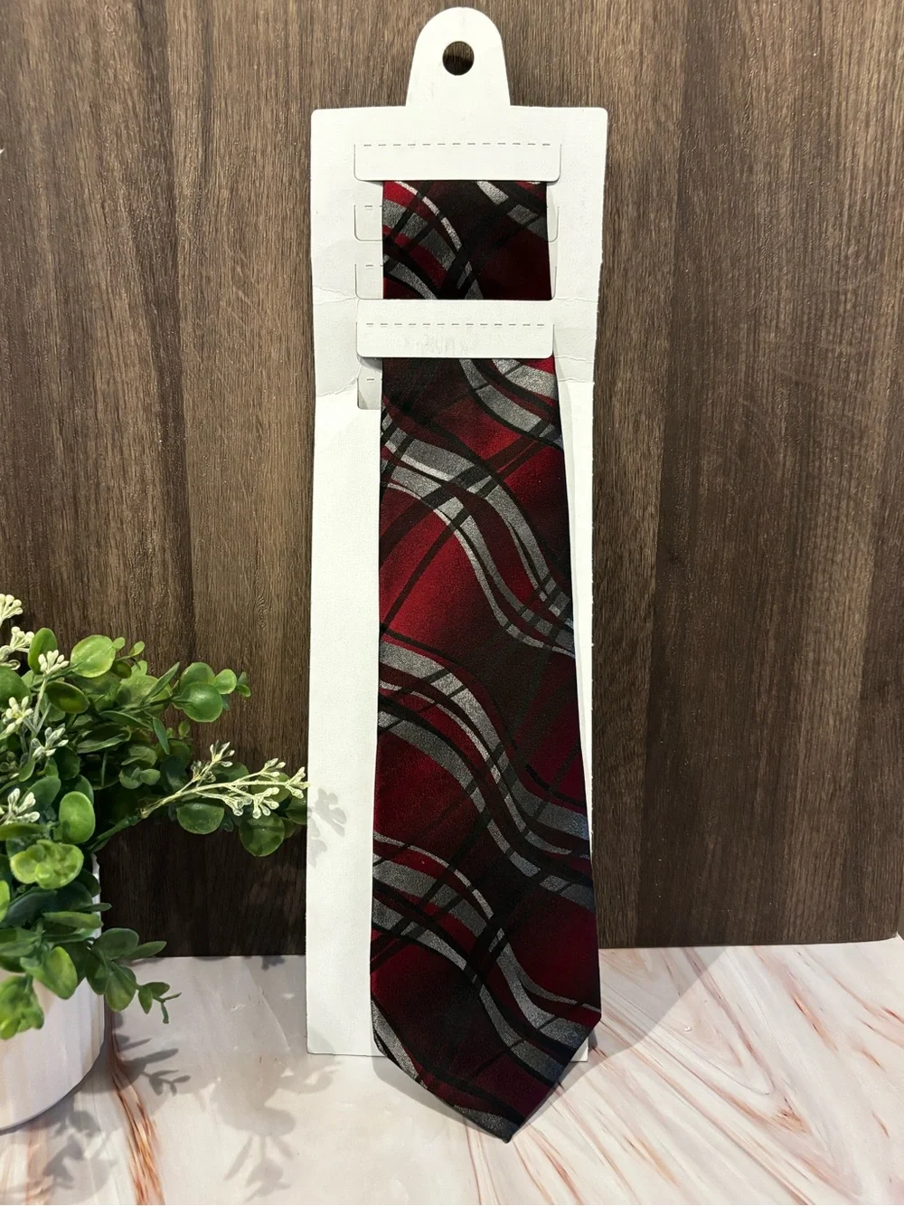 Pierre Cardin Maroon Tie with Silver and Black Wave Pattern